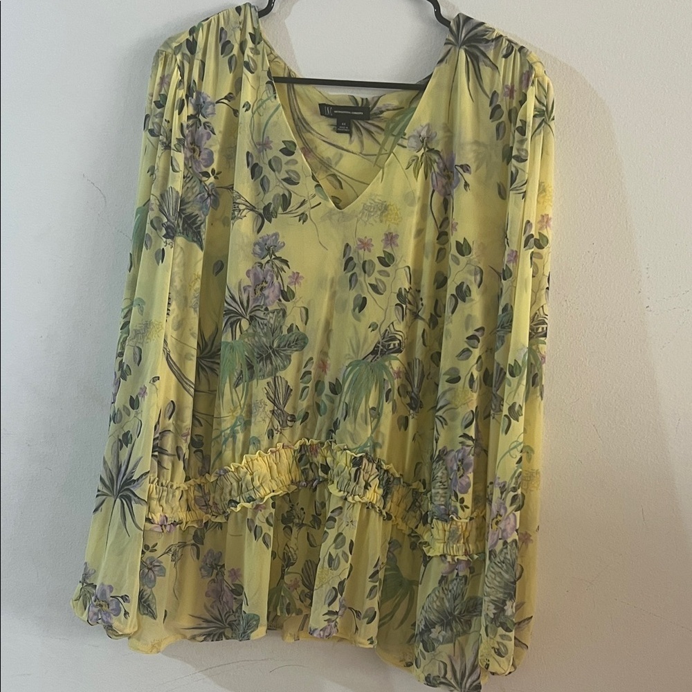 I.N.C international concepts Floral V-Neck Peplum Blouse - Yellow
